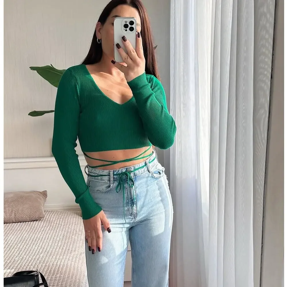 Zara NWT Green Knit Wrap Tie Waist Long Sleeve Crop Top L